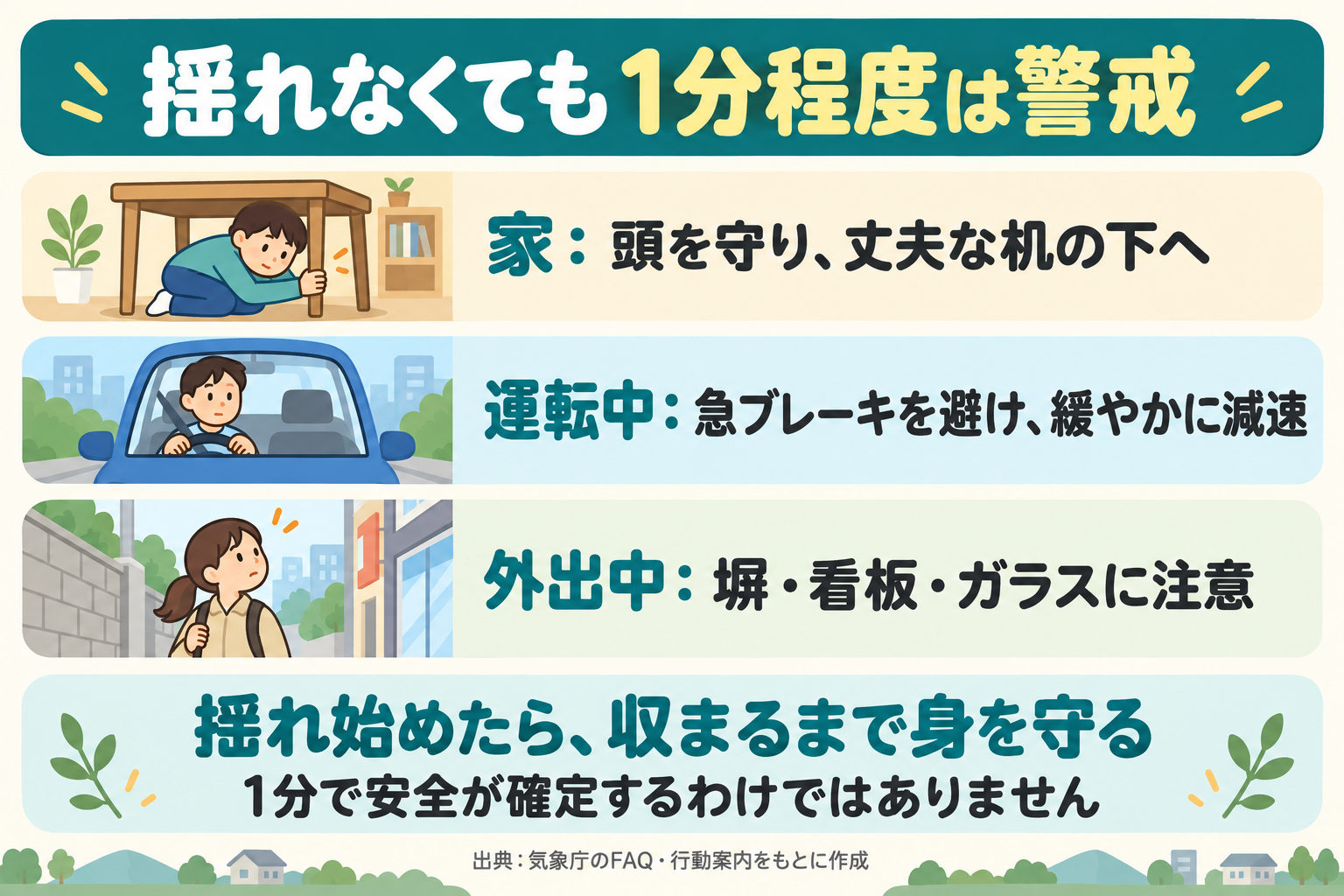 揺れなくても1分程度は警戒し、家・運転中・外出中で取る行動を示した確認画像