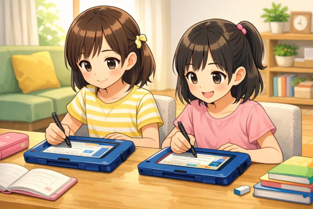 姉妹で並んで勉強する風景
