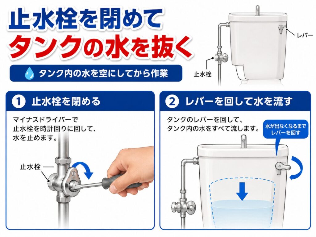 ボールタップ交換前に止水栓を閉めて水を抜く