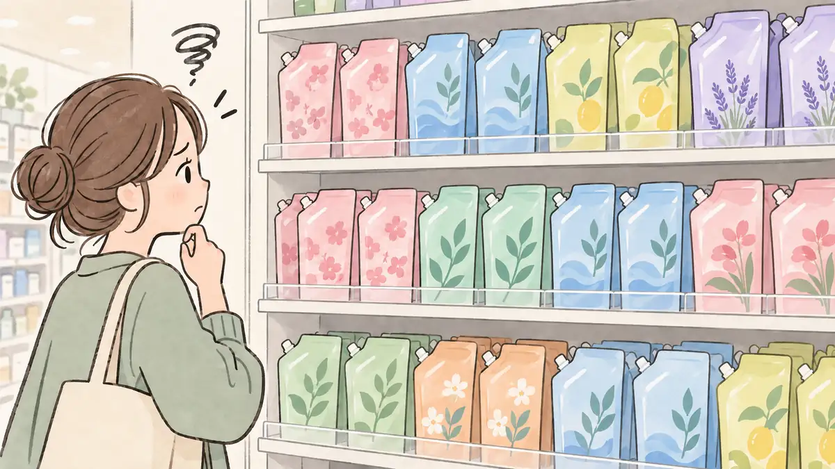 詰め替えパウチだけが並びシャンプー本体を売っていない売り場を描いたイラスト