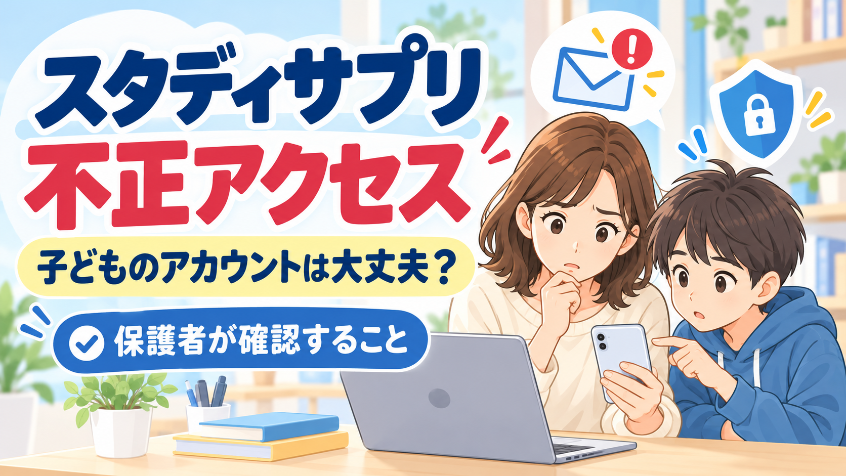 スタディサプリの不正アクセスを知り、子どものアカウントを確認する保護者と子どものイラスト