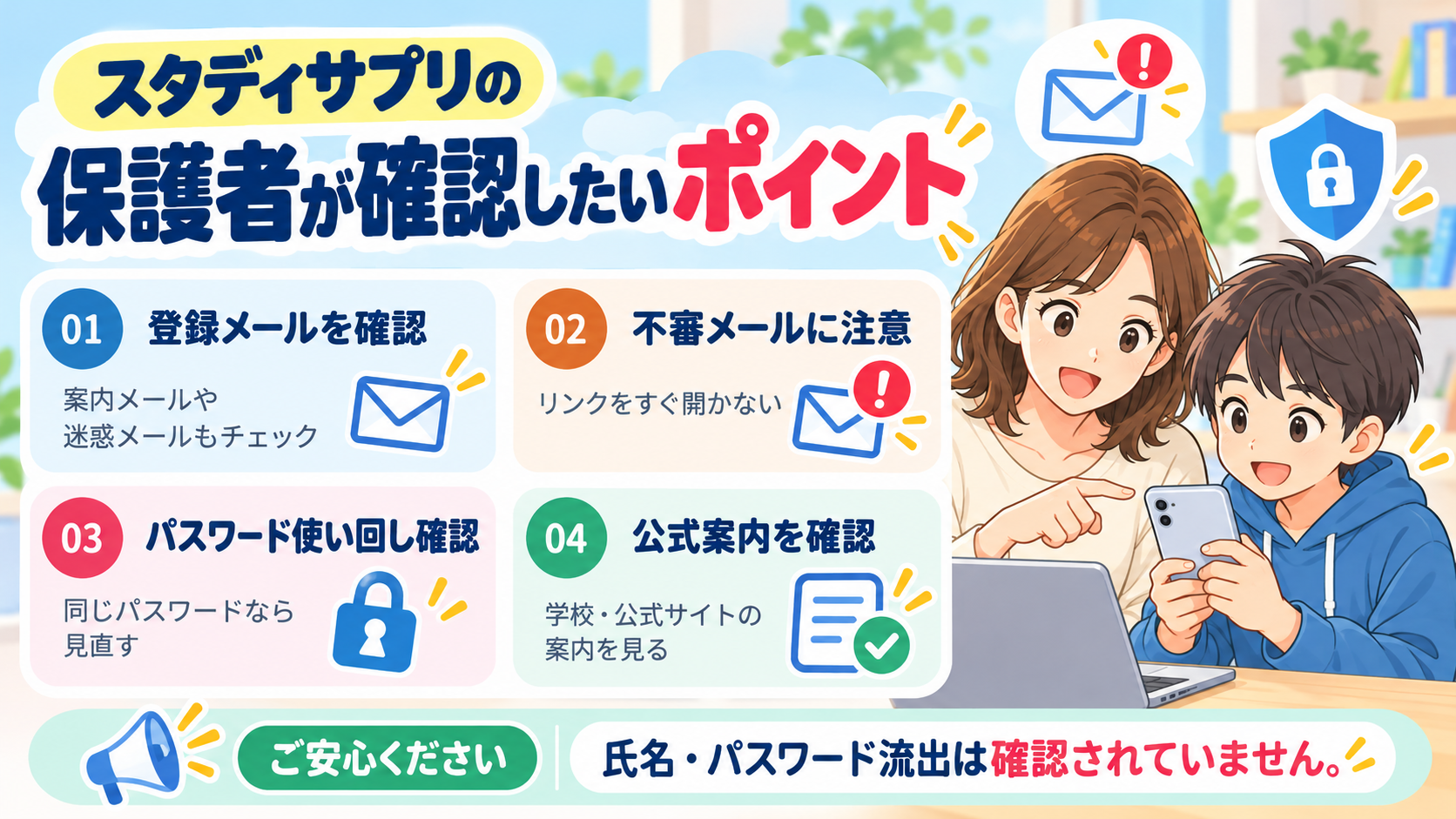 保護者が確認する登録メール、不審メール、パスワードの使い回し、公式案内の4つのポイント