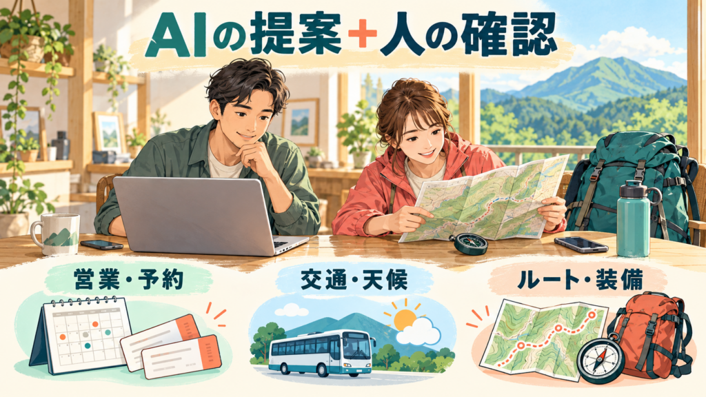 AIの提案を公式情報と現地状況で確認する男女のイラスト