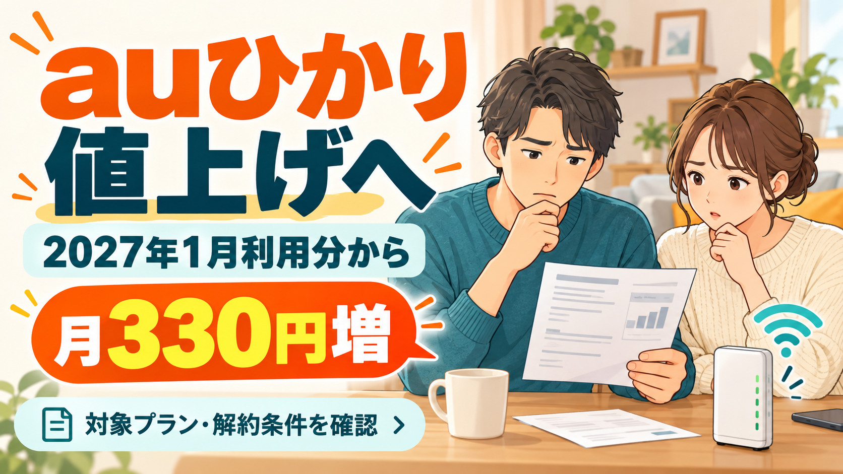 auひかりが2027年1月利用分から月330円値上げ。対象プランと解約条件を確認