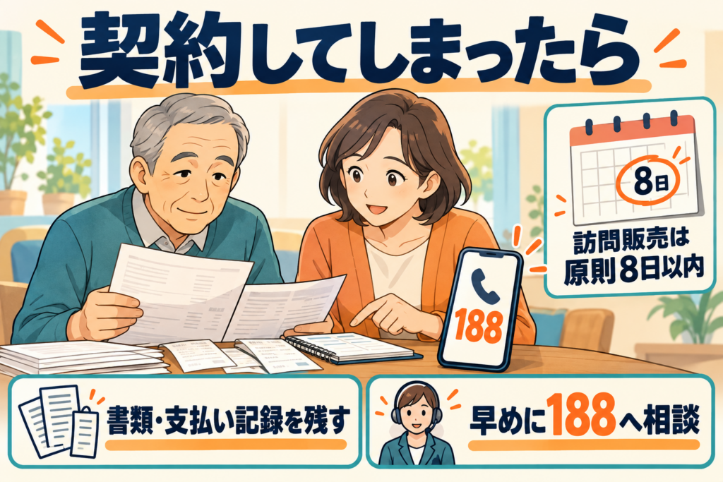 契約書類と支払い記録を残し、早めに消費者ホットライン188へ相談するイメージ