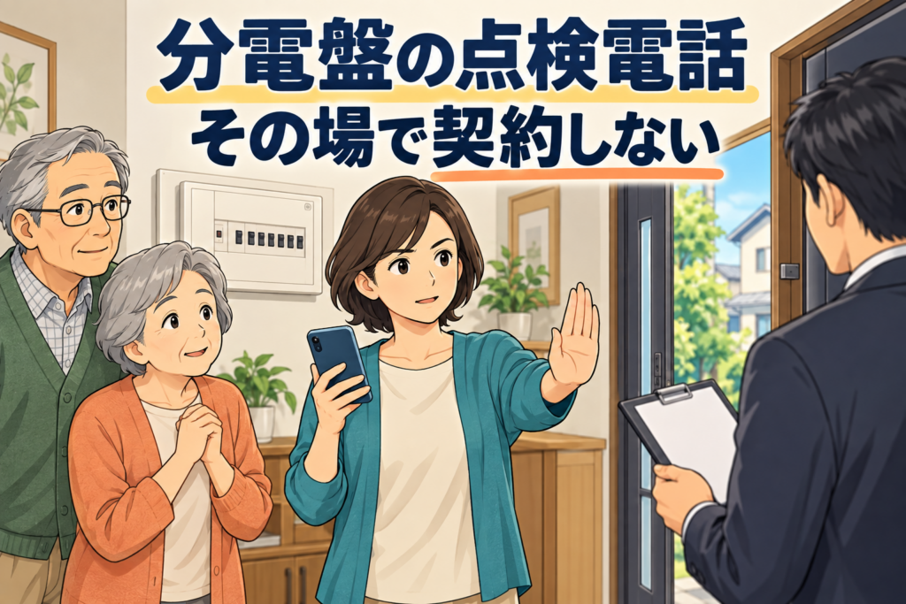 分電盤の点検電話でその場の契約を断り、家族と確認するイメージ