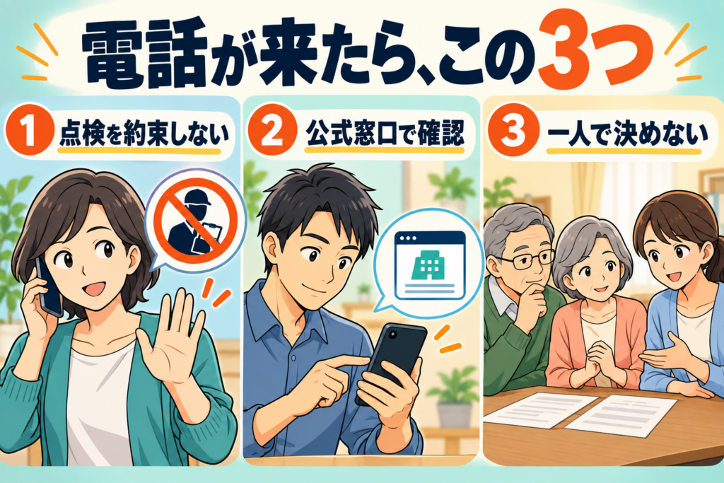 点検を約束しない、公式窓口で確認、一人で決めないという3つの対応