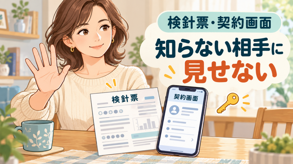 検針票とスマートフォンの契約画面を知らない勧誘相手に見せず、落ち着いて確認するイメージ