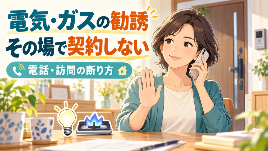 電気・ガスの勧誘電話を落ち着いて断る女性と、その場で契約しないという注意書き