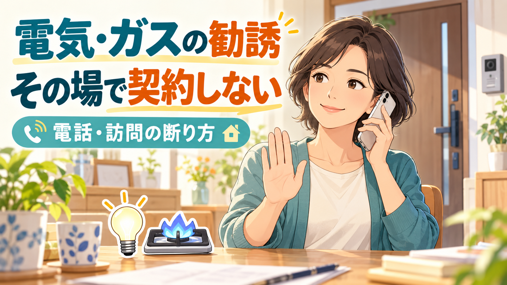 電気・ガスの勧誘電話を落ち着いて断る女性と、その場で契約しないという注意書き