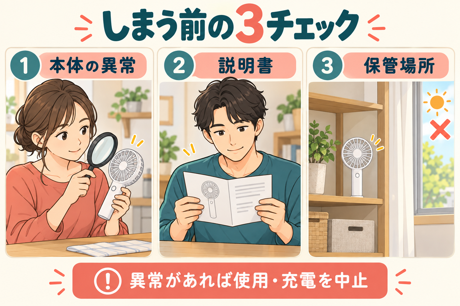 ハンディファンをしまう前に本体の異常、説明書、保管場所を確認するポイント