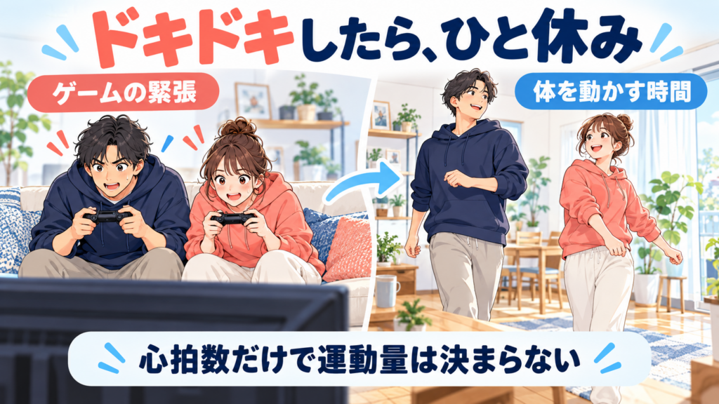 ゲームの接戦でドキドキした男女が、休憩して部屋の中を歩くイラスト