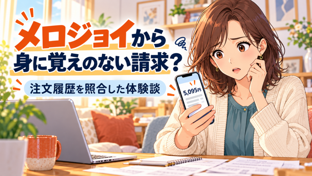 身に覚えのない5,095円の請求をスマートフォンで見て困る女性のイラスト
