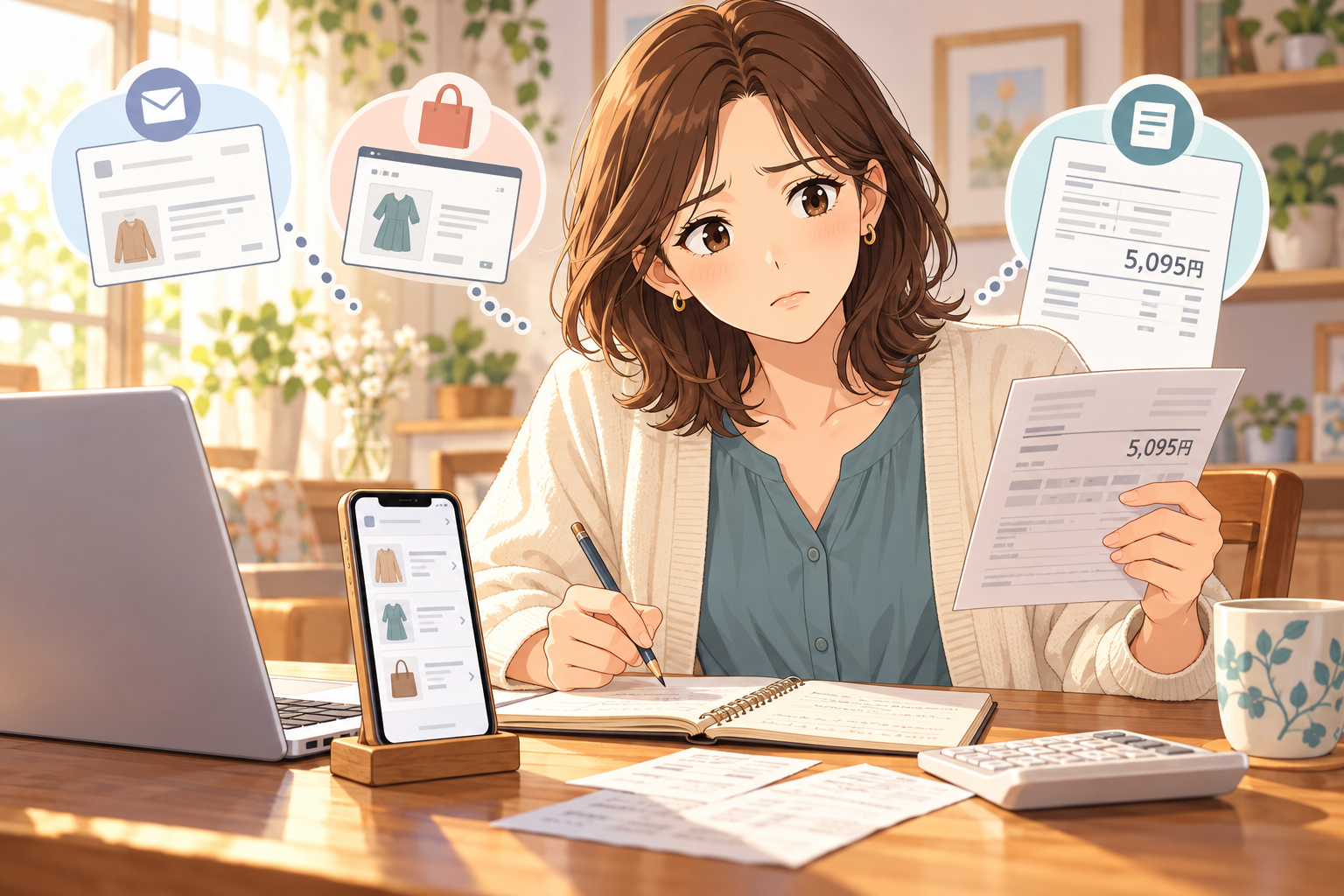 注文メール、注文履歴、カード明細を照合して困っている女性のイラスト