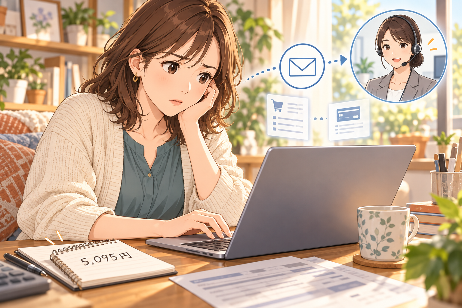 不明なカード請求についてサポートへ問い合わせる女性のイラスト
