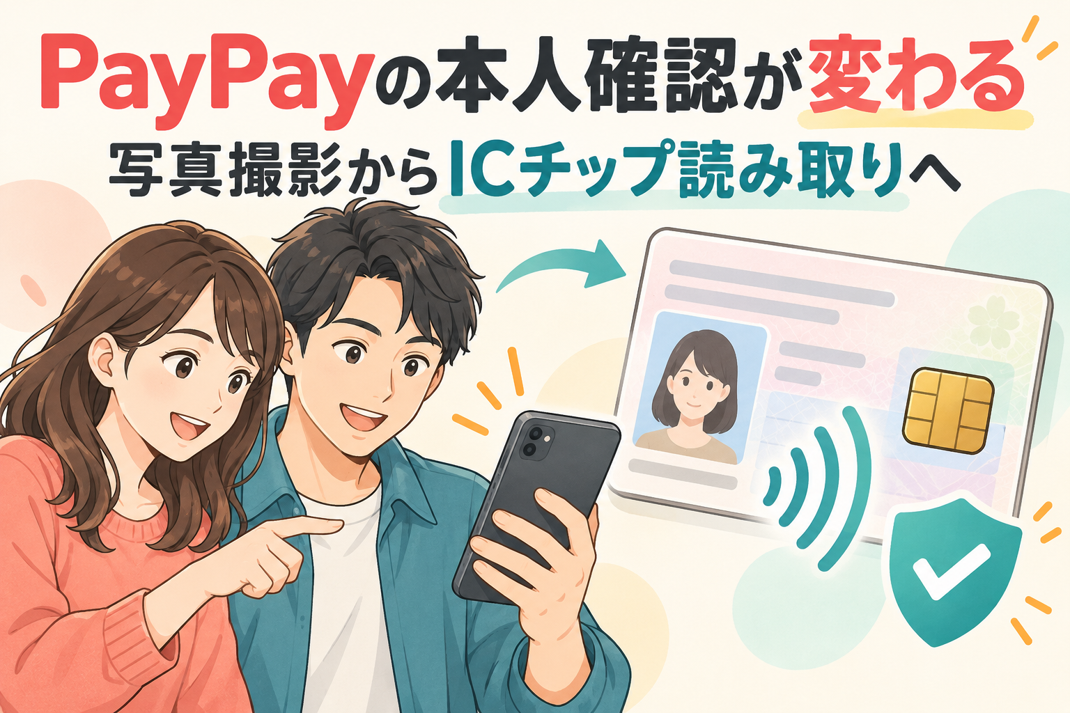 PayPayの本人確認が写真撮影からICチップ読み取りへ変わることを案内するイラスト。実際のアプリ画面ではありません。